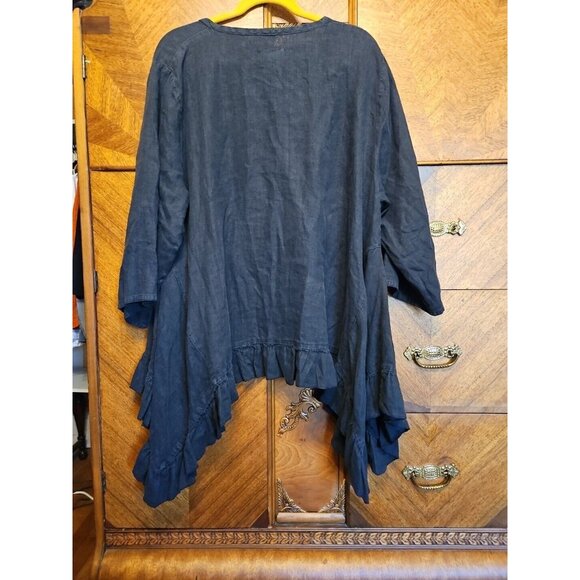 Lagenlook Mary Grace Black Size XL Asymmetrical Hem Pockets Linen Blouse - Picture 5 of 8